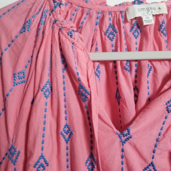 Umgee Women's Cotton Pink Blue Embroidered Mini Boho Prairie Dress Sz 1XL - Picture 4 of 6